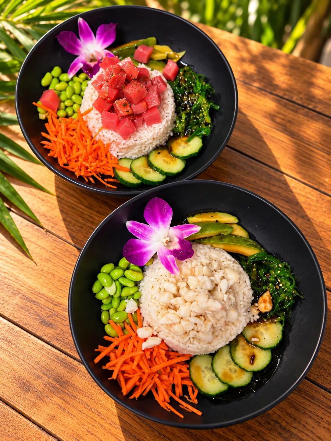 Crab and tuna poke bowls with rice, avocado and vegetables at Paradise Grill