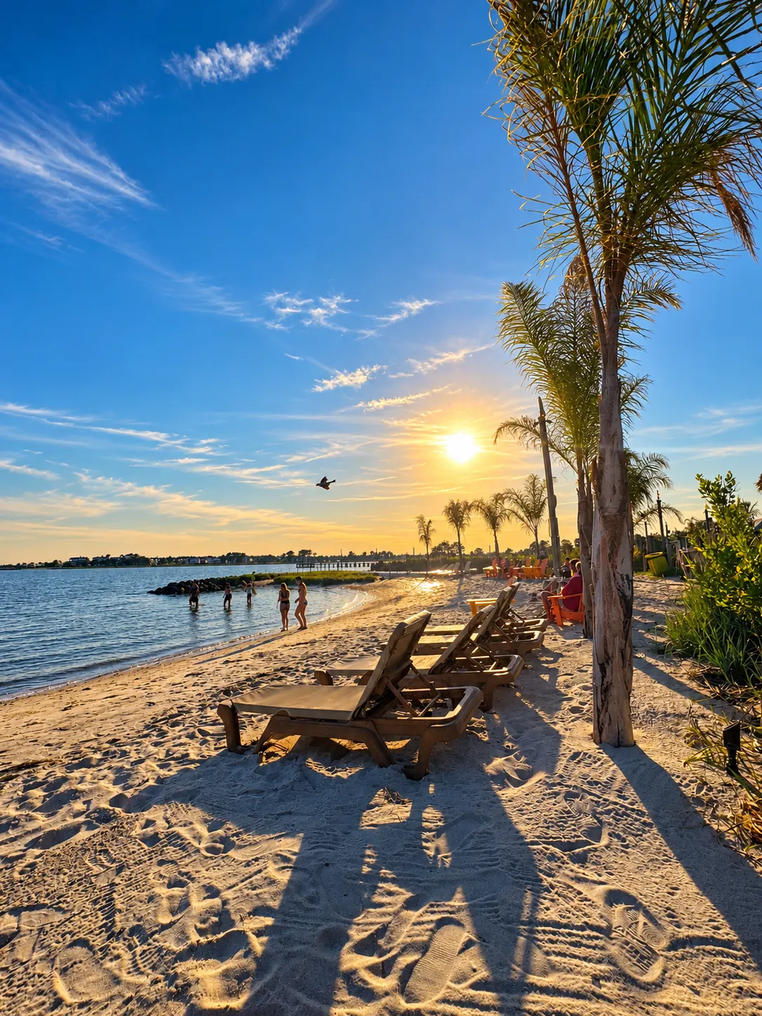 Palm trees and beach chairs overlooking the Indian River Bay at sunset